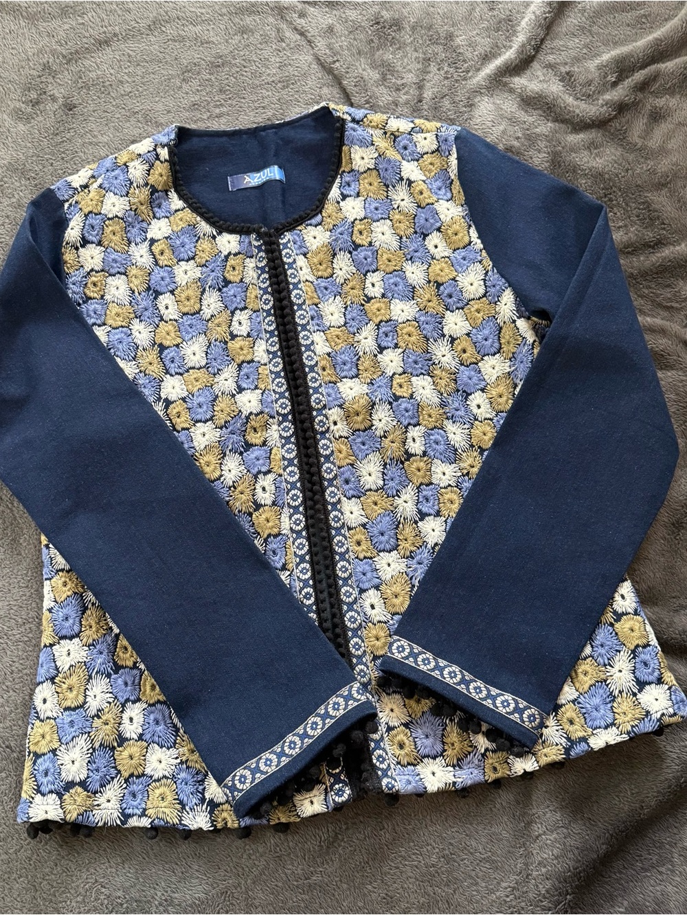 new Textured Crochet-Front Navy Blue blazerwith Yellow & Light Blue Accents